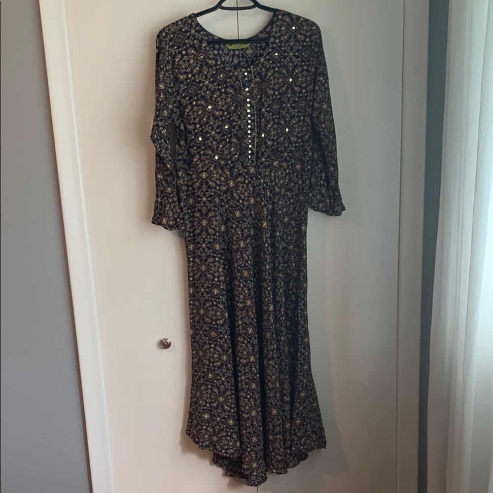 Libas Geometric Floral Motifs Brown Ethnic Indo Maxi Dress Size XL